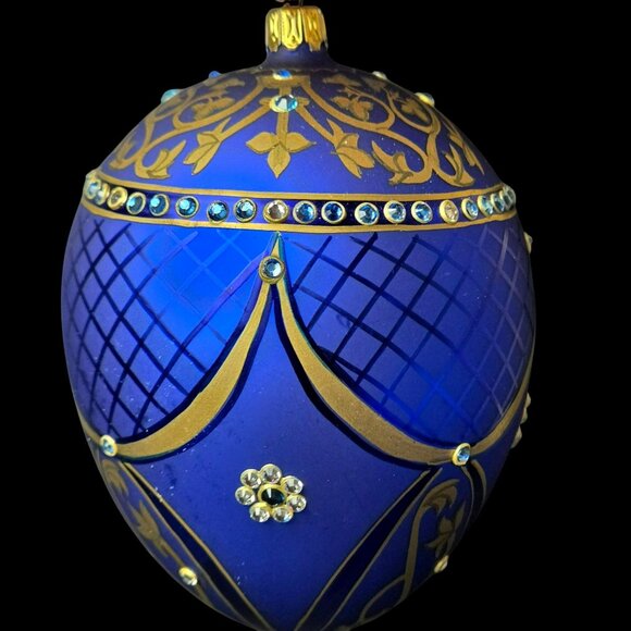 Komozja Family Blue Jeweled Glass Egg 5" Ornament Handcrafted Polish Blown Glass - Picture 3 of 10